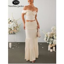 Newasia Frauen schulter frei Crossover Crop Tank Top A-Linie gerafften langen Rock Mode Party Club zweiteilige Set Sommerkleid ung