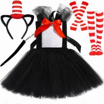 Cat in The Hat Tutu Dress Costume for Girls Halloween Carnival Party Fancy Dress Up Clothes Outfit Kids Black Cat Tulle Dresses