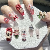 10 Stück süße Bären-Schleifen-Elch-Nagelkunst, Weihnachtselemente, handgefertigt, zum Tragen, rot, festliches Neujahr, künstliche Nägel, abnehmbare Nagelflicken
