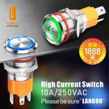 LANBOO 16B/19B Metall-Drucktastenschalter, 10A Hochstrom, 3-Pin/1NO mit LED, Momentan/Rastend wählbar