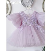 Purple Shiny Beaded Appliques Flower Girls Dresses For Wedding Cute Sweet Kids Princess Gown With Bow 80-160cm For Party
