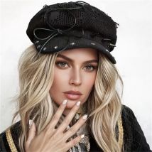 Damen Trendy Harajuku Schwarz Gothic Punk Baskenmütze Y2K Mädchen Nieten Schleife Totenkopf Spitze Weicher flacher Hut Outdoor Streetwear Sonnenhüte