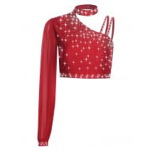 Women Contemporary Ballet Dance Tops Gymnastics Lyrical Dance Leotards Costume Sheer Mesh Long Sleeve Shiny Rhinestone Crop Top