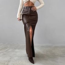 Frauen Split Design Einfarbig Hohe Taille Pu Leder Rock 2026, Frühling Herbst Büro Dame Trendy Streetwear Lange Röcke