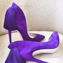 Purple Heel Tassel Suede Stiletto Feather Sandals Pointed Heels Women Hollow Pump Red Light Yellow Dance Fuchsia Cute Party Shoe
