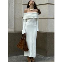 Weißer Herbst Strick pullover langes Kleid Frauen gerippt hohe Taille Mode schulter frei lose Party kleid weibliche Strickkleid