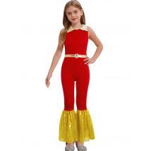Kids Girls Disco Dance Stage Performance Costume Shiny Sleeveless Bell Bottom One Piece Jumpsuits for Jazz Ballroom Competition