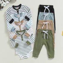 0-24Months Baby Jungen Kleidung Frühling Herbst Outfits Langarm Gestreiften Print Rippen Strampler Elastische Taille Hosen Set Infant Outfit