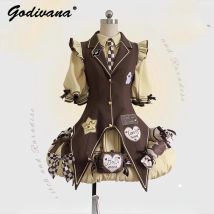 Original Cute Lolita OP Dress Vest Jacket Cos Outfits Women's Cool Short Sleeve Bud Shirt Dress Slim Long Vest Dress Set