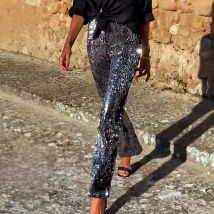 Damenbekleidung, glänzende Pailletten, Club-Party-Hosen, modische High Street, elastische Taille, ausgestellte Hosen, elegante, schlanke, gerade Hosen