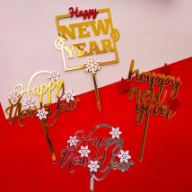 New Happy New Year Acrylic Cake Toppers Golden Stars Snowflakes Merry Christmas Cake Toppers Christmas New Year Cake Decorations