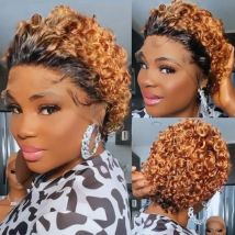 Kurze lockige Pixie Cut Perücke Echthaar Spitze vorne 13x1 transparente Spitze Frontal Perücke Honig blond tiefes Wasser lockiges Echthaar Perücke