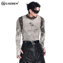 LUZHEN High Street Bottom Shirt Schlank Brief Muster Design Mode 2025, Gekritzel Männlich Langarm T-shirts Casual Kleidung LZ7322