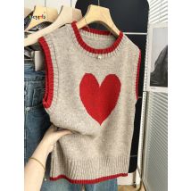 "Women's Sleeveless Knit Vest Red Heart Pattern Color Block Soft Warm Casual Daily Wear Spring Autumn Trendy Dating Outfit Top"