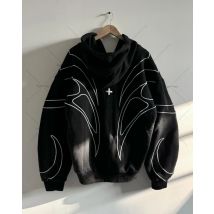 Street Retro Fashion Kleidung Gestreifter bestickter schwarzer Doppelreißverschluss Hoodie American Hip-Hop Punk Übergroßes Sweatshirt Herren