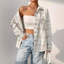 2025 Frühherbst Revers Damen Plaid Bedrucktes Langarmshirt Damen Täglich Vielseitiger Knopf Modische Freizeithemdjacke