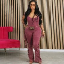 Lässiger Jumps uit mit seitlichem Fransen quaste für Damen bekleidung V-Ausschnitt Kurzarm Skinny Flare Hosen Stram pler und Overalls