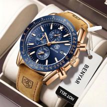 BENYAR Luxus Herren Quarzuhr lässig wasserdicht Leder leuchtend multifunktionale Timing Code Zifferblatt Business Geschenk Herrenuhr + Box