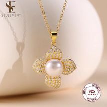 Seulement Halskette mit blumenförmigem Anhänger aus 925er-Sterlingsilber, natürliche Süßwasserperlen mit Zirkon, eleganter Schmuck für Frauen