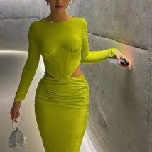 Neue Mode einfarbig Damen rock Anzug sexy lang ärmel igen Rundhals ausschnitt engen Top Plissee Hüftrock zweiteiligen Set Party-Stil