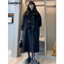 Lautaro Herbst Winter Lange Lose Stilvolle Blau Schwarz Rüschen Woolen Mantel Frauen Laterne Hülse Elegante Luxus Designer Kleidung
