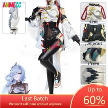 ANIMECC Genshin Impact Shenhe Cosplay Costume Wig Sexy Embroidery Jumpsuit Braided Wigs Anime Halloween Party Outfit for Women