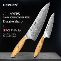 Zestaw noży HEZHEN 1PC lub 2PC 73 warstwy stal damasceńska w proszku stalowy rdzeń ostre noże kuchenne uchwyt z drewna oliwnego pudełko upominkowe