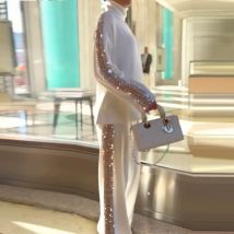 Women's Long Pants Set with High Neck, Fashionable and Niche Sequin Border, Autumn New Style