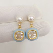 ZHBORUINI Natural Freshwater Pearl Earrings Female Sugar Blue Zircon Pearl Jewelry Simple 14K Gold-Plated S925 Silver Needle