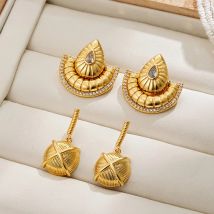 Retro Inlaid Crystal Geometric Sector Stud Earrings Polished Stainless Steel Gold Color Waterdrop Dome Drop Earring Punk Jewelry
