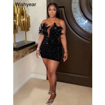 Wishyear Sexy Liebsten Ärmellose V-ausschnitt Pailletten Feder Kurzes Kleid Frauen Geburtstag Luxus Club Weihnachten Party Weibliche Vestidos