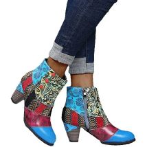 Ethnic Boots For Women PU Square Heel Round Toe Side Zipper Street Style British Style Ankle Mixed Colors Retro Womens Shoes New
