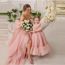Elegant Pink Mom And Me Party Dresses Organza Custom Made Photo Shoot Mother And Daughter Matching Evening Outfits Ruffles 2025