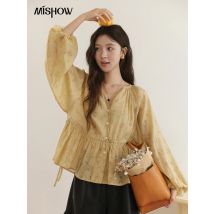 MISHOW Elegantes Damen-Hemd, 2025, Herbst, gelber Druck, Laternenärmel, Hemd, Pendeln, Kordelzug, Taille, Spitzenbesatz, Top MXE 45 x 2499