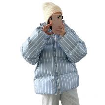 2025 Winter Striped Women's Hooded Quilted Jacket Thicken Zipper Long Sleeve Short Coat New Casual Female Loose Warm Outerwear