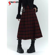 Gothic Original Neue Ankunft Hochwertige Rot Plaid Lange Schnalle Falten Rock Sexy Hot Girl Eingewickelt Gürtel Schlitz Halblange röcke
