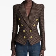 Damen-Blazer mit goldenem Knopf und Umlegekragen, schwere Jacquard-Buchstabenstickerei