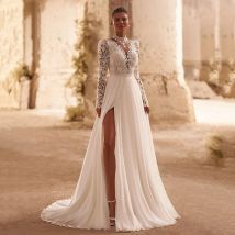 Achitree Boho A-Linie Brautkleider V-Ausschnitt Langarm Chiffon Brautkleid Saudi-Arabien Hochzeits abend Ballkleider benutzer definierte Größe