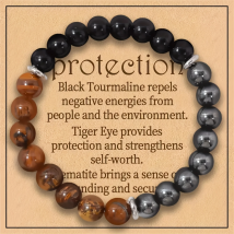 Dreifachschutz-Armband: Tigerauge, schwarzer Obsidian und Hämatit, 8 mm runde Schutzkristalle (Edelstein-Stretch-Armband)