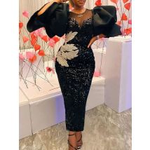 Damen-Kleid in Übergröße mit Pailletten, schwarze Stickerei, Brustumwickel, Puffärmel, glitzerndes Kleid, Cocktail-Hochzeitsgast, edles Partykleid