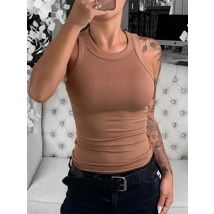 Damski solidny okrągły dekolt prążkowany podkoszulek Camisole damski letni podstawowy elastyczny podkoszulek O Neck solidny podkoszulek