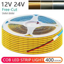 Tira de luces LED COB PCB de 5mm y 8mm, 12V, 24V, corte libre, 400LEDs/M, cinta Flexible de alta densidad, cable de 2 pines, decoración del hogar, blanco Natural cálido