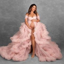 Rosa Umstandskleider für Fotoshootings, schulterfrei, Tüll, Rüschen, schwangere Roben, Babyparty-Kleider, A-Linie, vorne geteilte Brautkleider