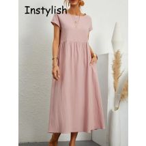 Abito lungo da donna elegante solido estivo manica corta o collo abito lungo con tasche Y2K in cotone e lino vintage Harajuku