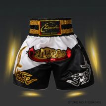 Pantaloncini Muay Thai Pantaloncini da boxe ricamati tailandesi Uomo Donna Bambini Raso MMA Abbigliamento Palestra Grappling Cage Fight Kickboxing Pantaloni
