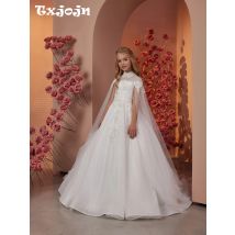 White Shiny Beaded Appliques Girls Dresses For Wedding Elegant High Collar Cape Sleeve Princess Gown Birthday Party Wear 2-14Y