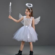 Funkelnde weiße Engel-Kostüme für Mädchen, Purim-Halloween-Tutu-Kleid für Kinder, Blumenfee-Tutu-Outfit mit Flügeln, Set für Mädchen-Kleidung