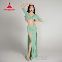 Tuta da allenamento per danza del ventre Top a mezza manica con scollo a V + gonna lunga divisa sexy 2 pezzi Abiti da pratica professionale per danza orientale da donna
