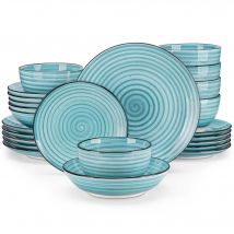 vancasso 24/48-teiliges Tafelservice mit blauen Tellern, zweiseitige Geschirrsets, handbemalte Spirale mit 6 Speiseteller/Dessert/Suppe/Schüssel
