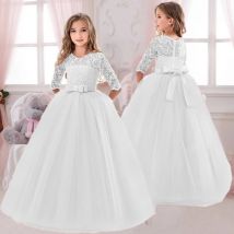 Mädchen Spitze bestickte Schleife Prinzessin Kleid Langarm Tüll Kleid für Kleinkind Erstkommunion Brautjungfer Hochzeit Geburtstag Party